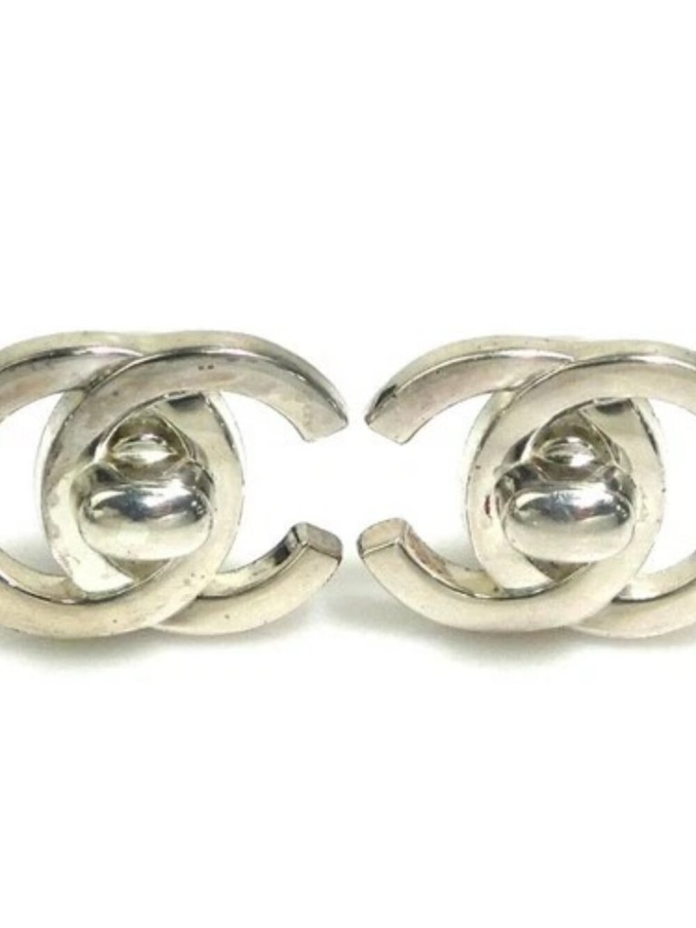 Auth CHANEL CC Logo Turnlock Clip on Earrings Silver Metal - 56705g - Picture 1 of 10